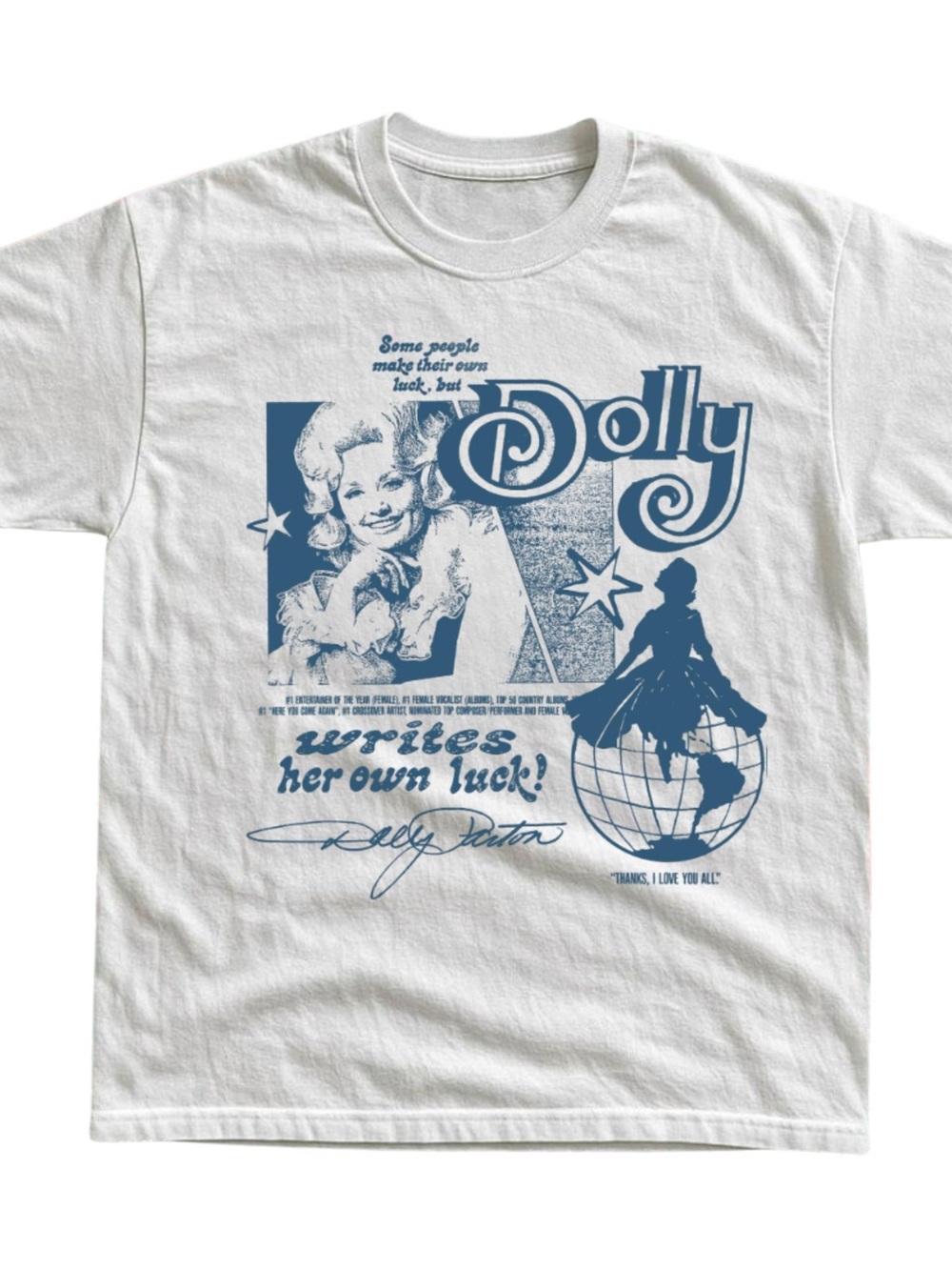 White Short Sleeve Tee with Blue Dolly Graphic, Gift For Her